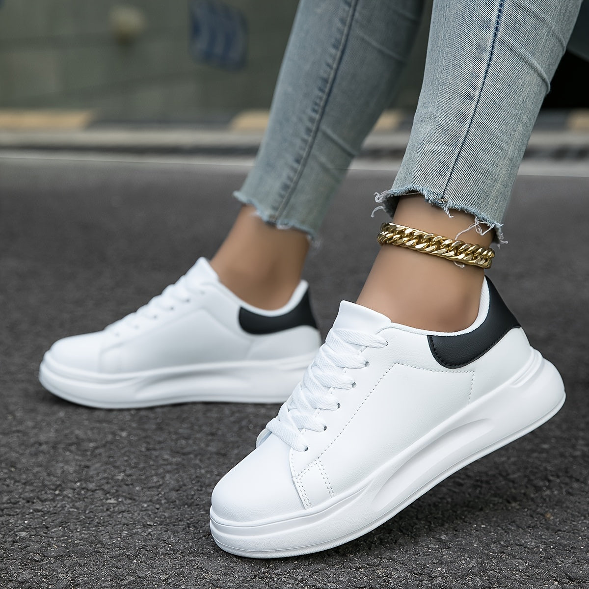 Techno - Weiße Leder-Sneaker Damen Einfacher Look