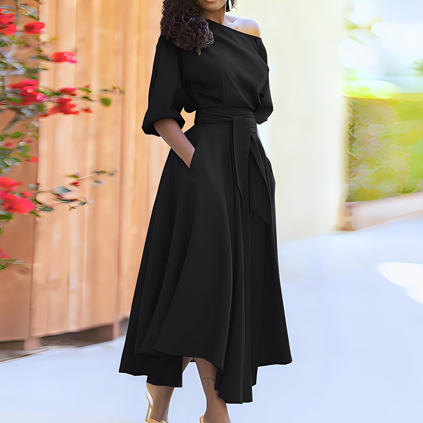 Dahlia - Schickes Damenkleid ohne Schultern mit Gürtel