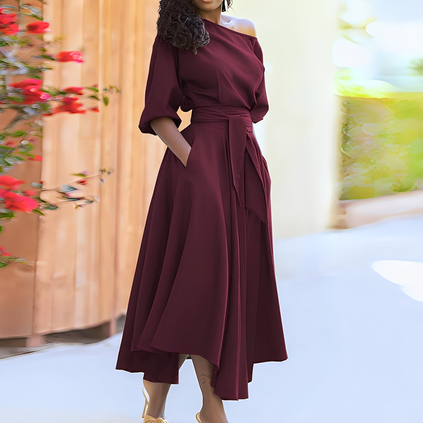Dahlia - Schickes Damenkleid ohne Schultern mit Gürtel