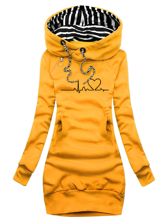 Roxanne - Langes Damen-Strickkleid mit Muster und Kapuze