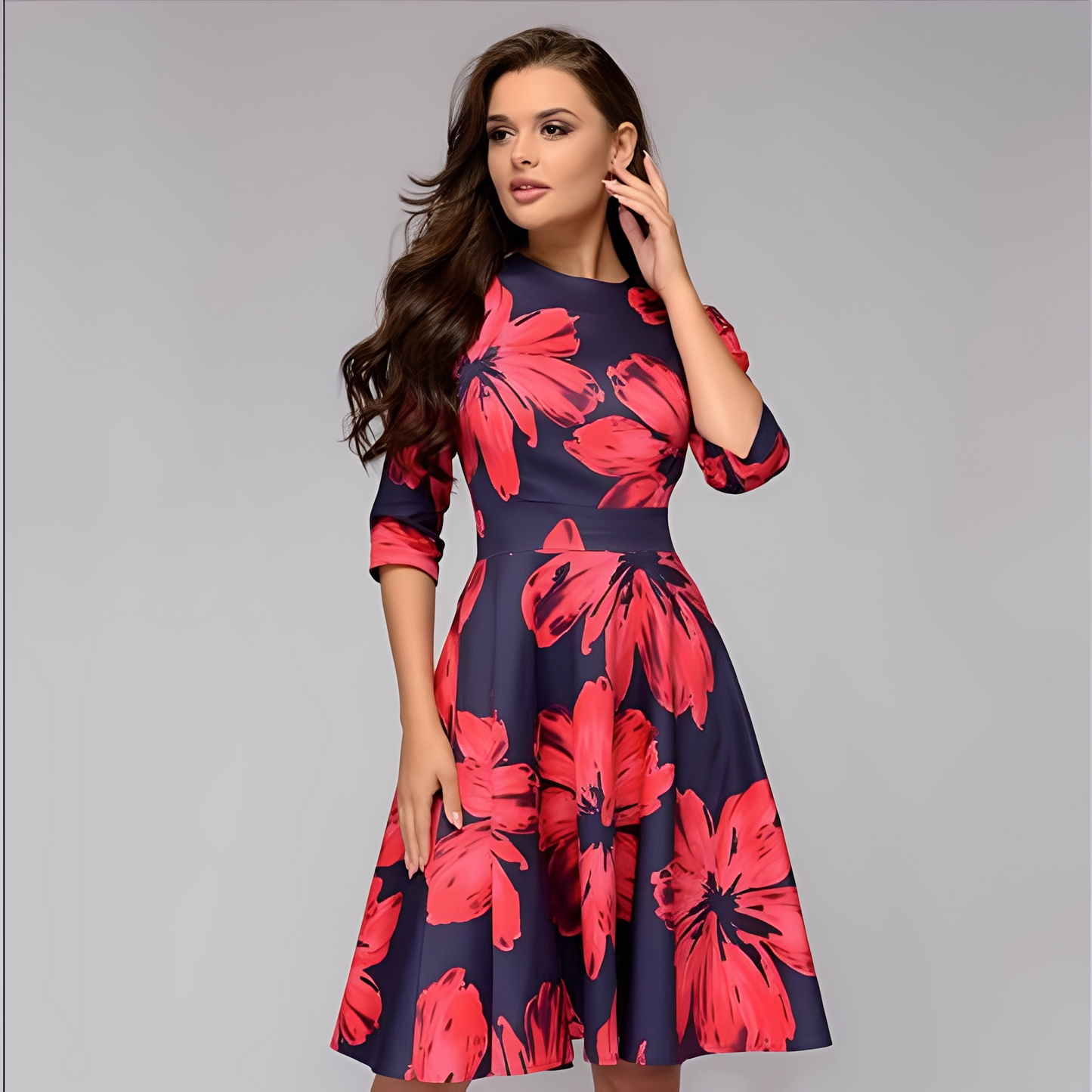 Elisabeth - Elegantes Damenkleid mit langen Ärmeln und Blumenmuster