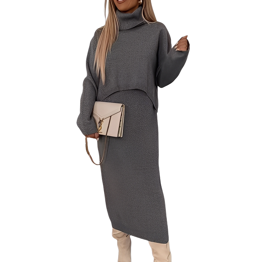 Natalee - Elegantes Damen-Rollkragenpullover- und Rock-Set