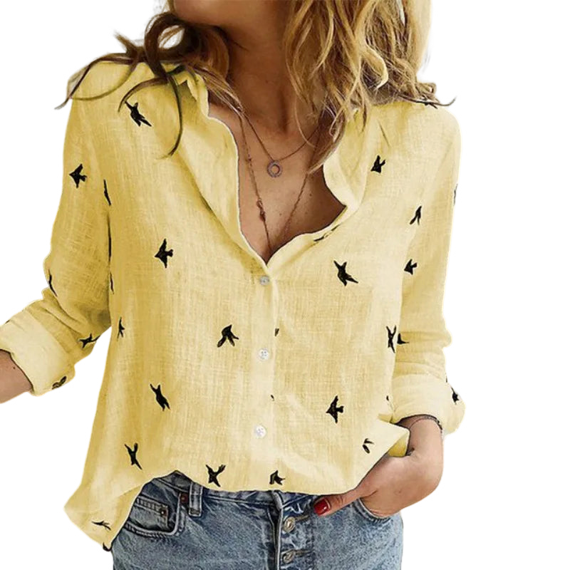 Cathy – Legere Bluse mit Vogelmotiv und Knopfleiste