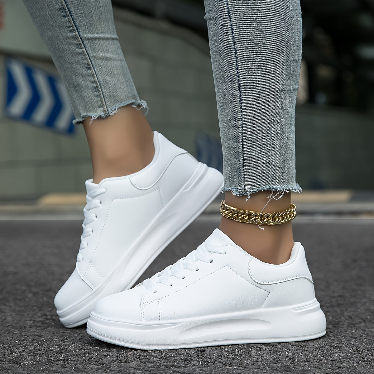 Techno - Weiße Leder-Sneaker Damen Einfacher Look