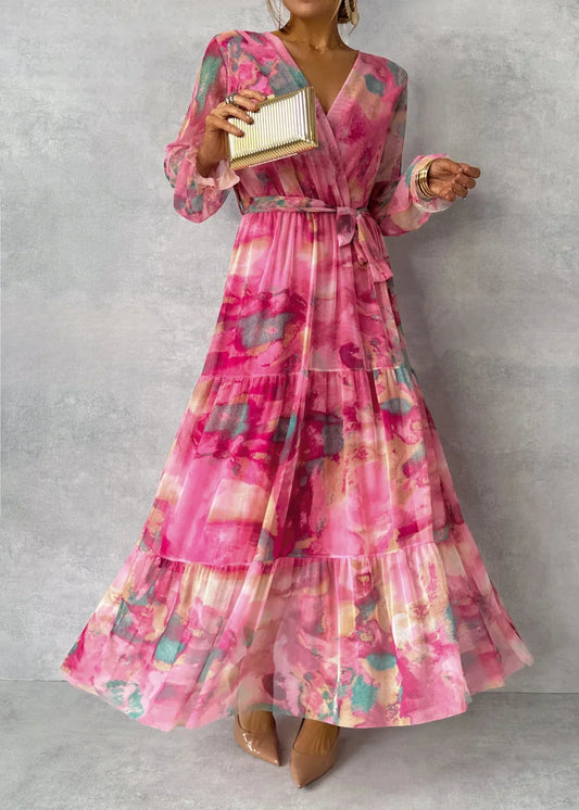 Elara – Langes Wickelkleid mit Blumenmuster