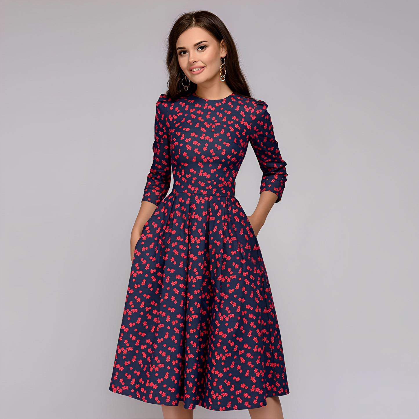 Elisabeth - Elegantes Damenkleid mit langen Ärmeln und Blumenmuster