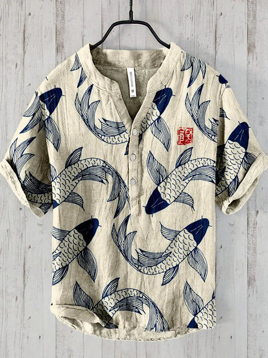 Ogie – Leinenhemd mit Vintage-Fischmotiv