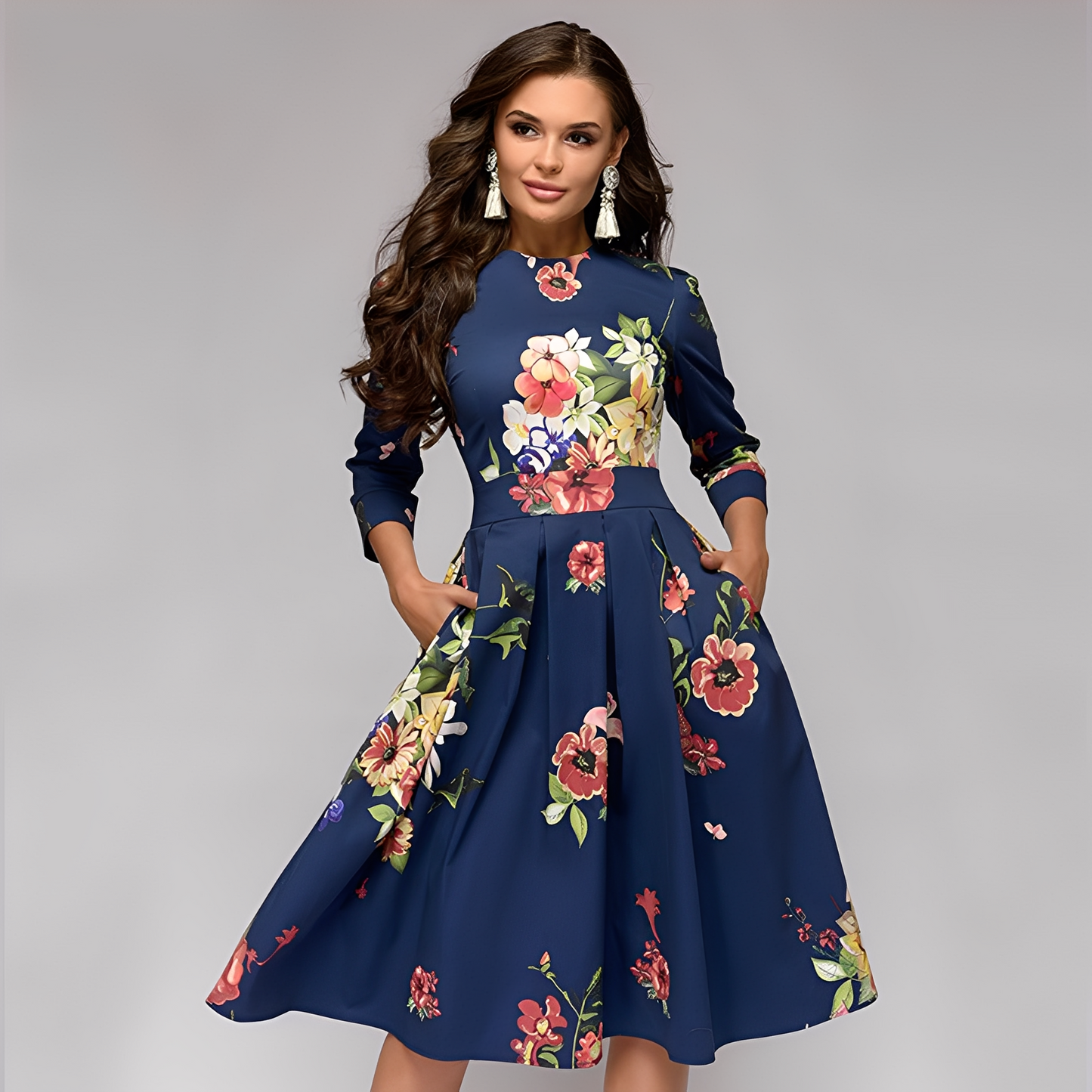 Elisabeth - Elegantes Damenkleid mit langen Ärmeln und Blumenmuster