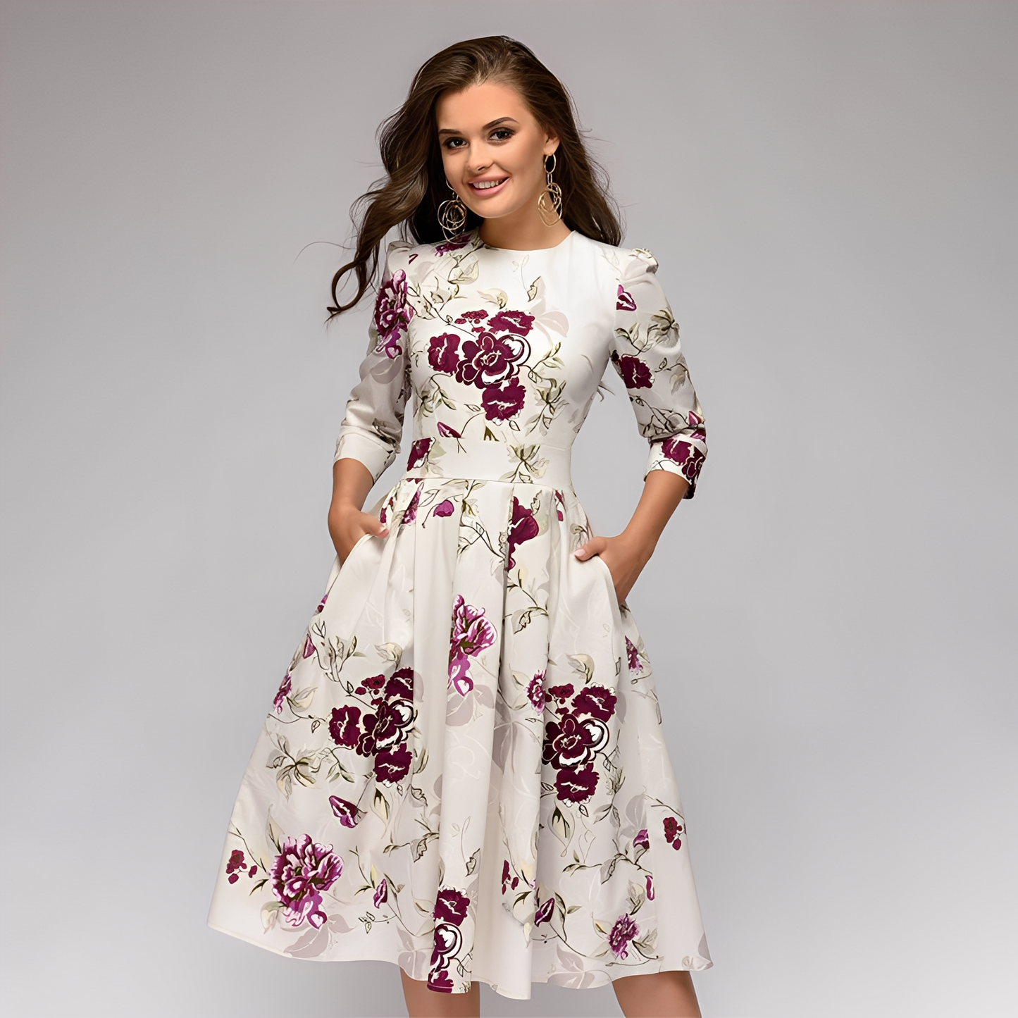 Elisabeth - Elegantes Damenkleid mit langen Ärmeln und Blumenmuster