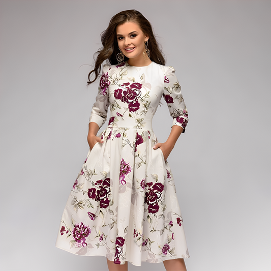 Elisabeth - Elegantes Damenkleid mit langen Ärmeln und Blumenmuster