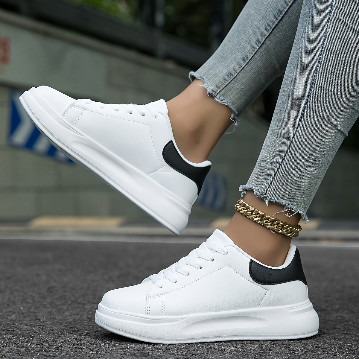 Techno - Weiße Leder-Sneaker Damen Einfacher Look