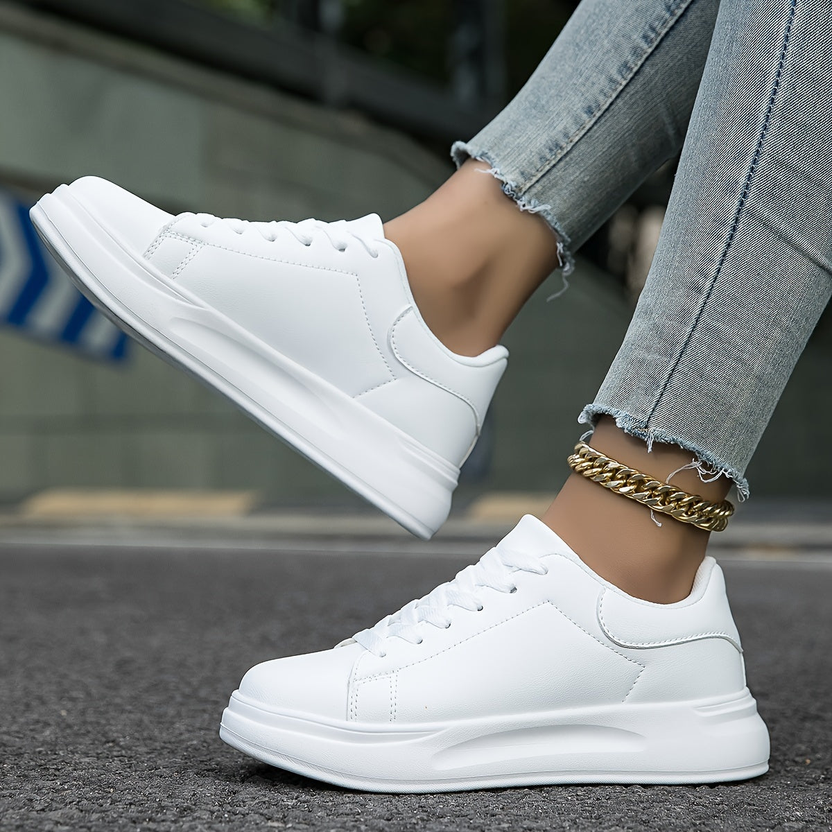Techno - Weiße Leder-Sneaker Damen Einfacher Look
