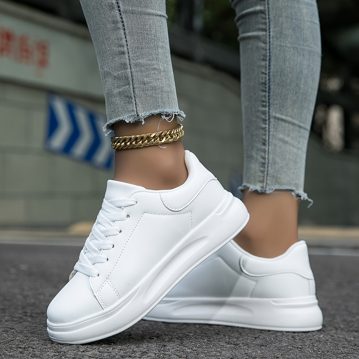 Techno - Weiße Leder-Sneaker Damen Einfacher Look