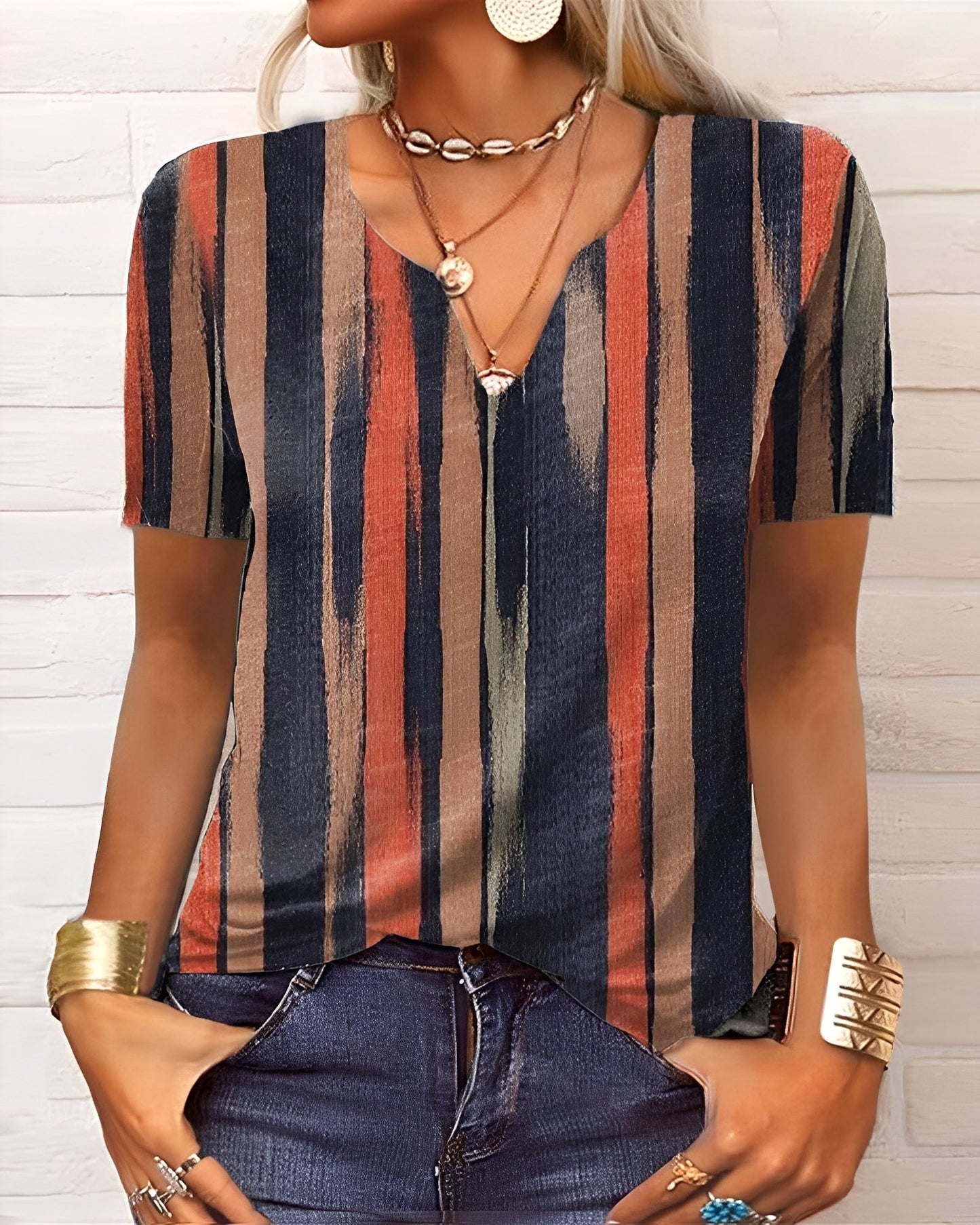 Denise - Frauen Boho-Bluse mit V-Ausschnitt und Knöpfen