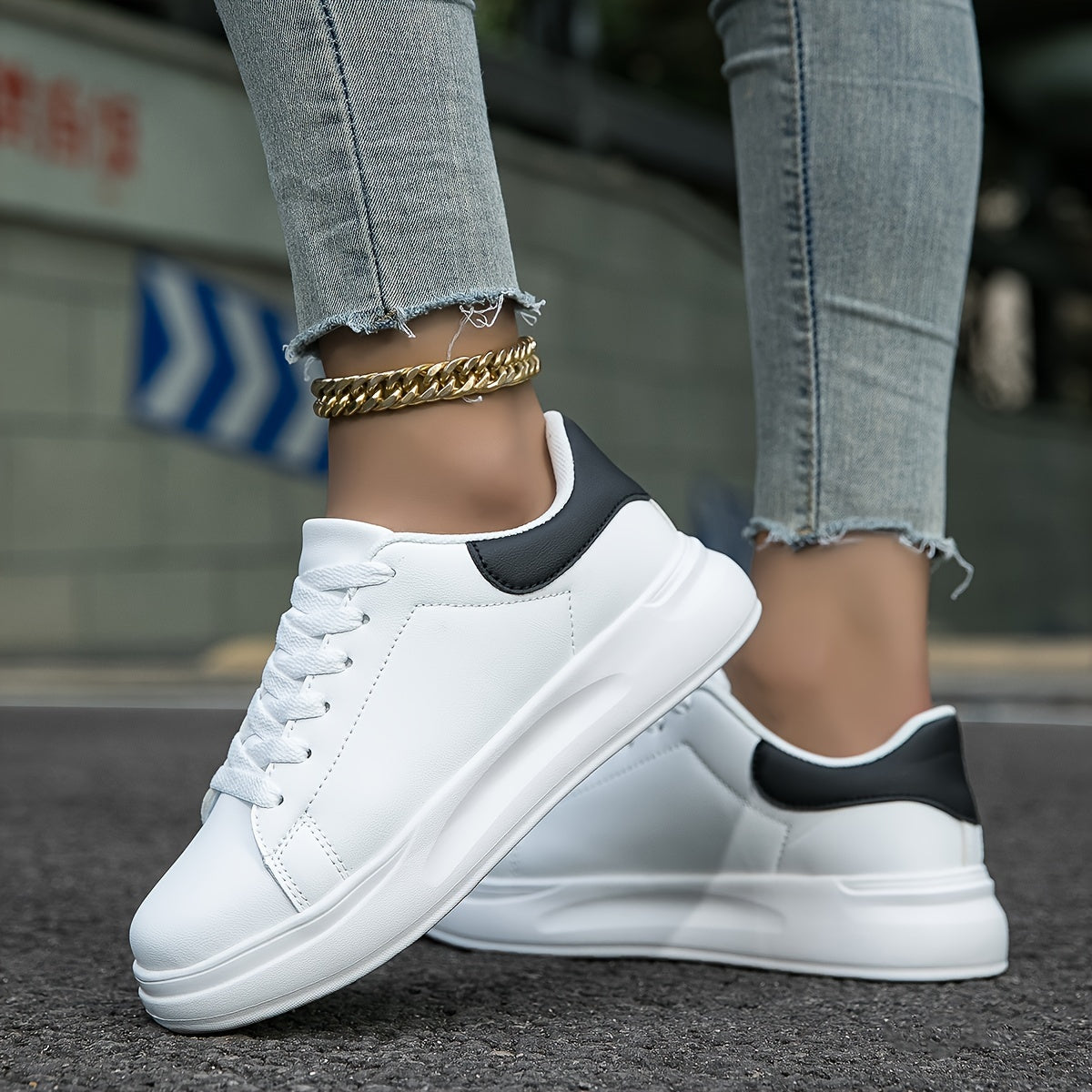 Techno - Weiße Leder-Sneaker Damen Einfacher Look
