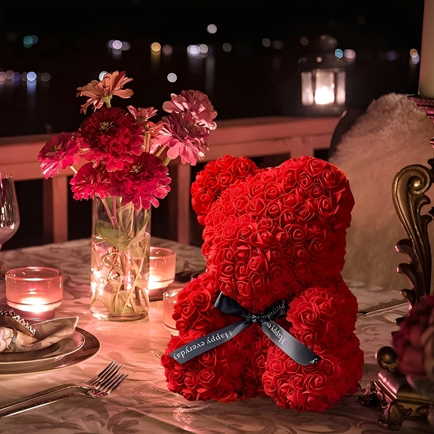 Valen - Rosa Bär aus Schaumrosen in LED-Box für Valentinstag