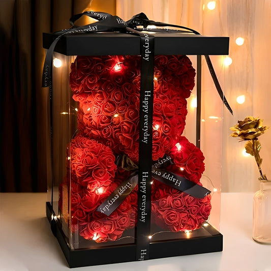 Valen - Rosa Bär aus Schaumrosen in LED-Box für Valentinstag