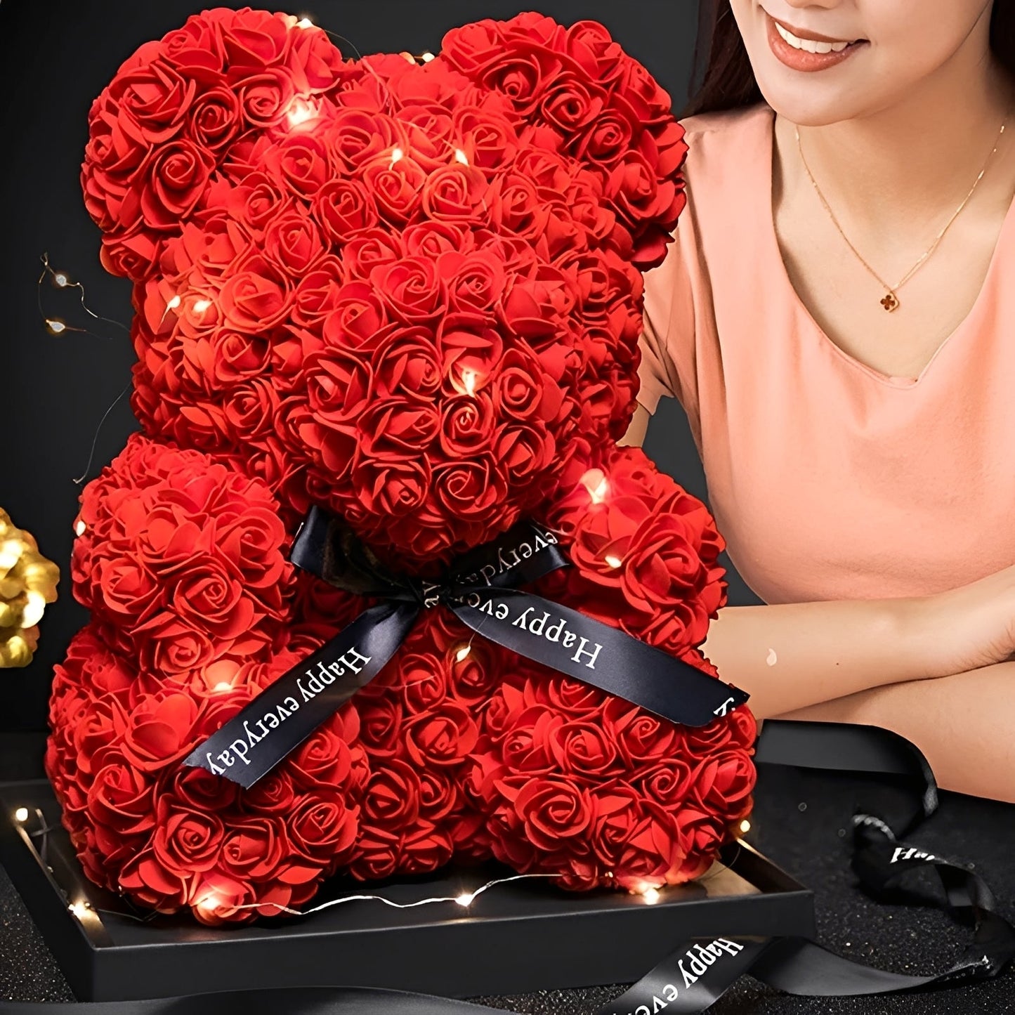 Valen - Rosa Bär aus Schaumrosen in LED-Box für Valentinstag