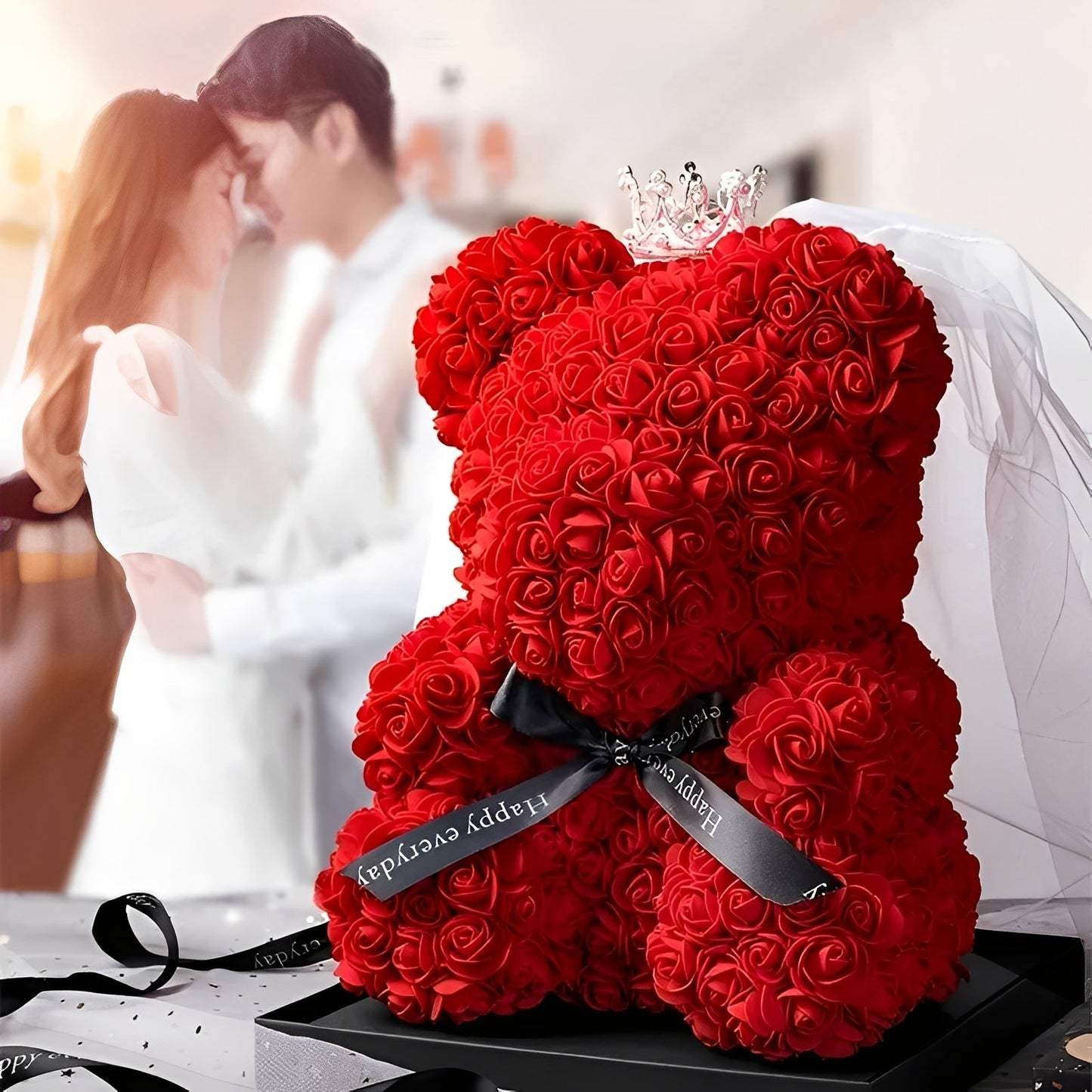 Valen - Rosa Bär aus Schaumrosen in LED-Box für Valentinstag
